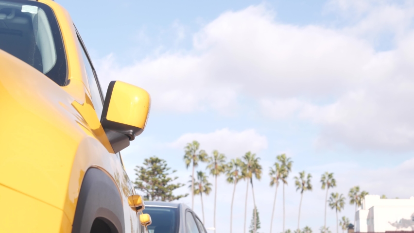 Waterfront or beachfront promenade with palmtrees. Yellow car and palm trees, Rocky Point in La Jolla, San Diego, California coast, USA. Summer tropical boardwalk aesthetic. Waterside city street.