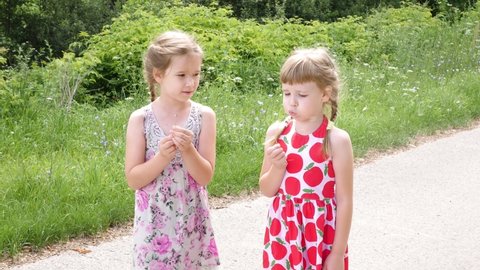 Two happy school age girls, children blowing dandelions together outdoors, sisters siblings, friends, summer activities outdoor scene. Nature, kids picking flowers simple concept, togetherness