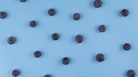 Rotating background berries of blueberries on a blue background - the concept of a healthy diet. Lentium bright background, food design