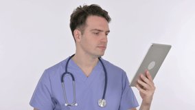 Video Chat on Tablet by Young Doctor on White Background 