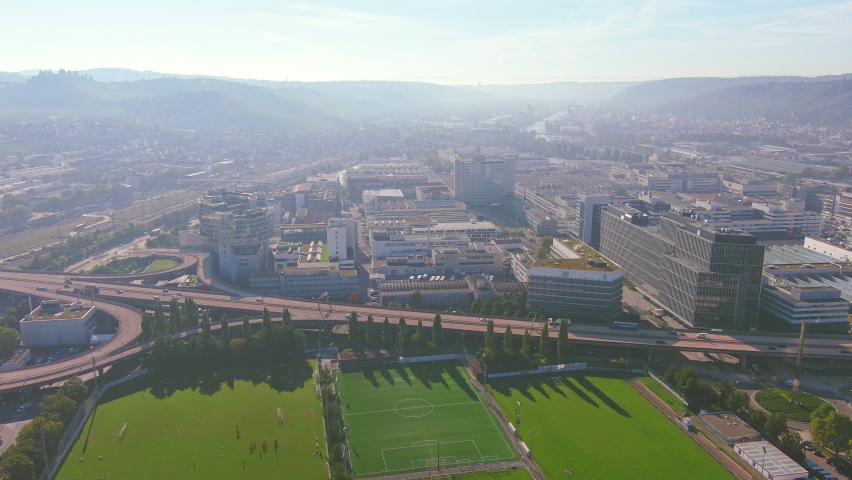 Stuttgart: Aerial view of city in Germany, industrial city part with factories