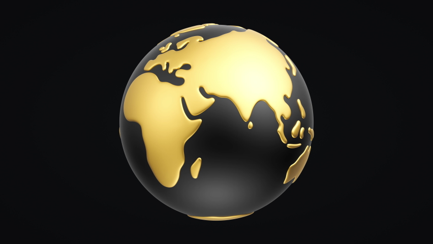 Cartoon gold and black planet Earth earth rotating animation. Globe spinning on dark background. Seamless loop. Alpha matte . 3d rendering | Shutterstock HD Video #1090512587