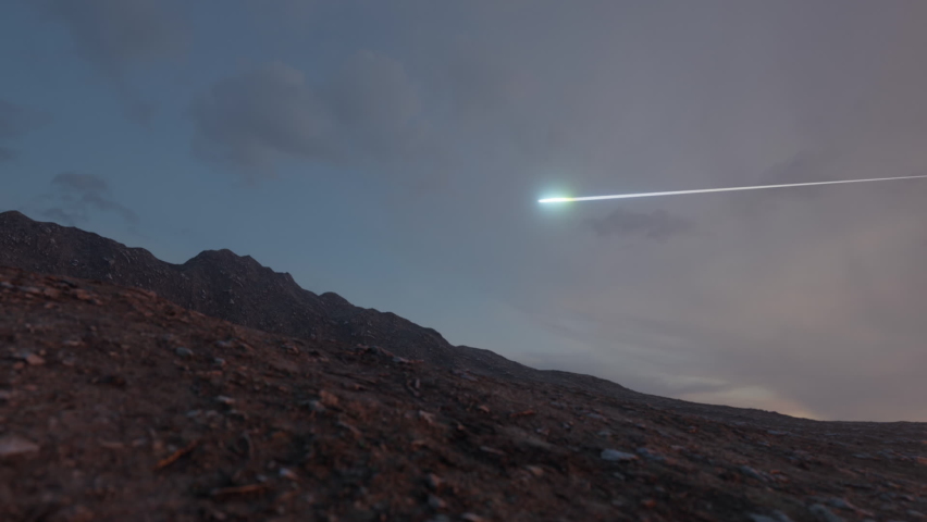 Falling meteorite with copy space. Asteroid impact over the Earth. UFO landed on the surface. Short Full HD Footage in 24 FPS. Falling star on a dark landscape of desert mountains. Royalty-Free Stock Footage #1090512785