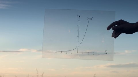 Young mathematician showing an exponential function graph against a sunset. Date of shooting day 29 June 2021 year. This video was filmed in Russia.
