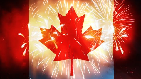 Canada celebration meaningful day, patriotic concept. Splendid fireworks flashing on background of proudly waving national flag