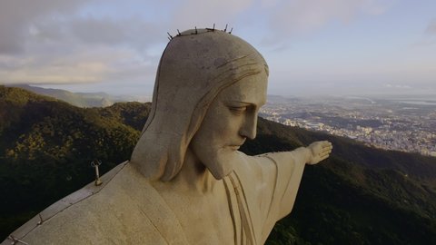 Rio de Janeiro, RJ, Brazil, circa May 2022: Panoramic view of Christ the Redeemer postcard downtown Rio de Janeiro Brazil. Christ the Redeemer statue symbol of Rio de Janeiro. Christ Redeemer. 4K