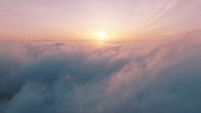 Flying through cinematic rose golden glowing cloudscape towards sunset sun. Flying in soft clouds. Aerial perspective view of flying over clouds. Sky with clouds and sun. Meditation dream footage 4K 
