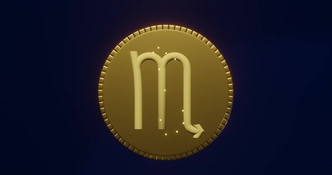 Scorpio: October 23 - November 21.the zodiac sign of all 12 months.
Zodiac Sign symbolized by the Water element and the eight sign of the zodiac.Zodiac gold coin spin 3D on dark blue background.  