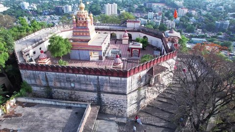 Pune, India - May 22 2022: Aerial view of the Hindu Temple on top of Parvati hill at Pune India.