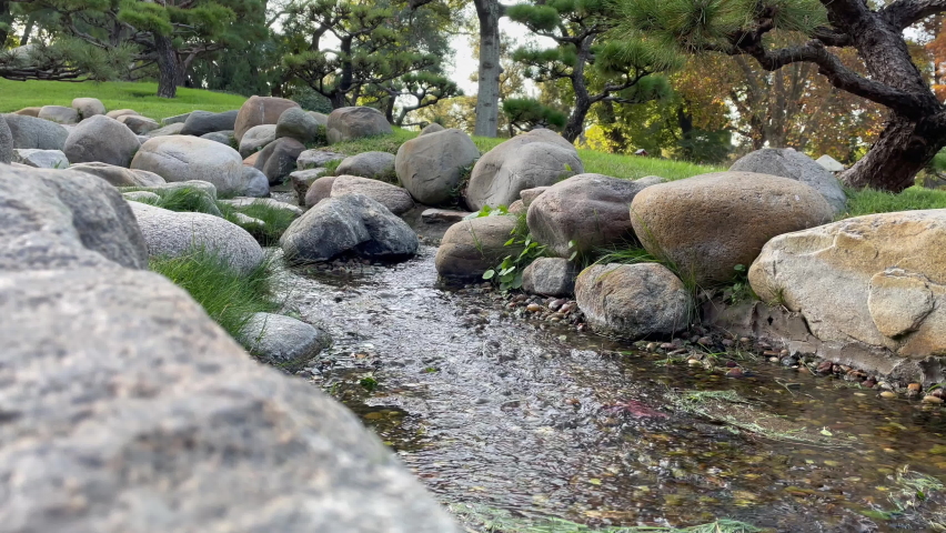 Small Stream at the Buenos Aires Japanese Garden (Jardin Japones), Public Garden in Buenos Aires, Argentina. 4K Resolution.