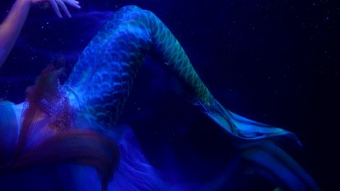 a mermaid waves tail in the dark water. blue light. close-up