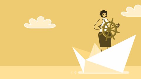 Yellow Style Woman Flat Character Floats on Paper Boat. Isolated Loop Animation with Alpha Channel