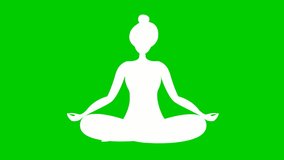 Animated girl is doing yoga sitting in lotus position. white symbol. The girl meditates. Modern flat design concept of yoga. Woman soars in the air. Bright motion illustration on green background.
