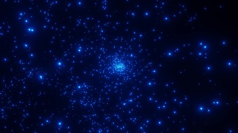Emergence and spread of blue particles from center. Explosion of elementary particles. Big bang or cosmic phenomenon Background. Sparkling and pulsating white particles flying from the center. 4k