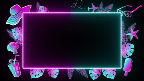 Animated Glowing Neon Frame Template With Holiday and Summer Vacation Design Elements. Modern Creative Design Animation. 4K Motion Video. Traveling or Holiday Concept Animated Signboard or Banner. 