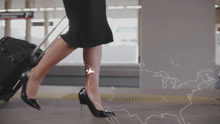 Cropped shot of female tourist with luggage walk in airport with world map and airplane animation on foreground Royalty-Free Stock Footage #1090525231