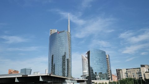 MILAN, ITALY-MAY 21, 2022: Maire Tecnimont skyscraper tower in Porta Garibaldi area, Milan, Lombardy.