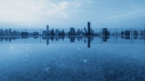 Business data analytic interface fly over smart city showing alteration future of business intelligence. Computer software and artificial intelligence are used to analyze big data for strategic plan . - Powered by Shutterstock - Get 15% off with code: PIKWIZARD15