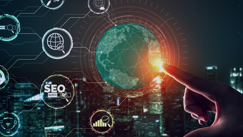 SEO - Search Engine Optimization for Online Marketing conceptual. Modern graphic interface showing symbol of keyword research website promotion by optimize customer search and analyze market strategy.
