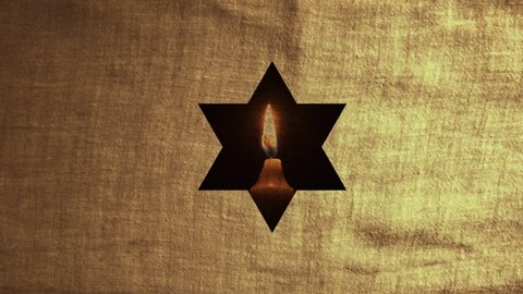 Star of David with a candle on yellow fabric. Holocaust remembrance. 6 million Jews were murdered based on religion, antisemitism, and hatred. never again.