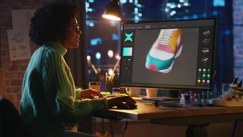 Black Female Art Director Examining 3d Model of Shoe while Working at Desktop Computer at Home. Artist Girl Making Visualisation at Special Program. Graphic Designer Concept