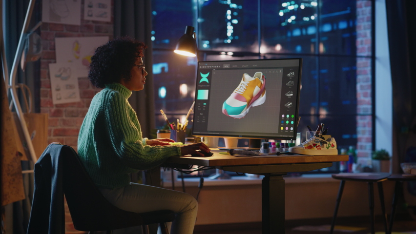 Multiracial Female Designer Working on Desktop Computer, Screen Showing Software with 3D Model of Shoe. Concentrated Woman Creating her Own Project, Using New Technology on Computer Royalty-Free Stock Footage #1090532315