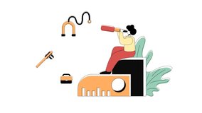 Flat Illustration Animation of Future Professions, concept of a woman using binoculars to choose a profession while sitting on a ruler, Retro style minimal green red yellow, perfect for ui ux - Powered by Shutterstock - Get 15% off with code: PIKWIZARD15
