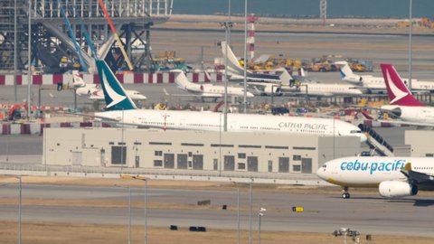 HONG KONG - NOVEMBER 7, 2019: Passenger plane Airbus A330 of Cebu Pacific Air taxiing to the runway at Chek Lap Kok Airport, Hong Kong. Cebu Pacific Air Philippine low-cost airline.