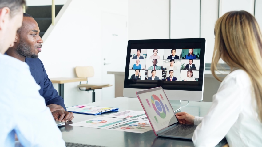 Multi racial people taking a video conference. Web conference. Online meeting. Telemeeting. Remote working. Royalty-Free Stock Footage #1090536493