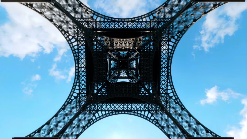 A view up through the center of the wrought-iron structure of the Eiffel Tower in Paris, France.