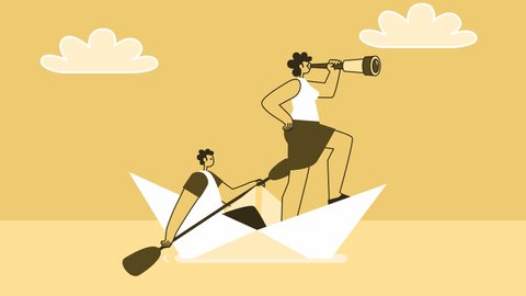 Yellow Style Flat Characters Rower Oarsman and Woman Captain Floats on Paper Boat. Isolated Loop Animation with Alpha Channel