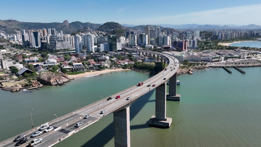 High angle view of famous third bridge at town of Vitória state of Espírito Santo Brazil. Transport scenery. Amazing landscape of vacation travel at city of Vitória Espírito Santo Brazil.