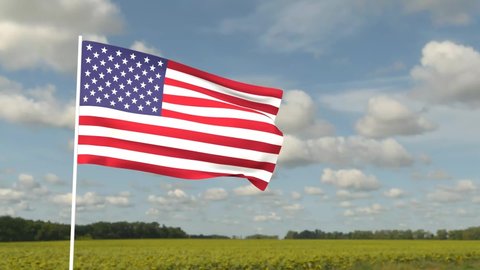 The American flag flutters in the wind against the sky and a green field. Happy Independence Day on blue background. Animation for Independence Day. 4th of July. 3D animation.