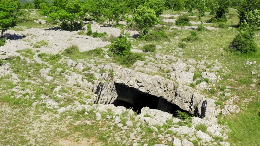 Aerial view of the entrance to the cave, Dinara Mountain, Croatia