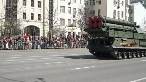 MOSCOW, RUSSIA - May 9, 2022: Anti-aircraft missile system SOU Buk M3 after the parade in honor of Victory Day along Novy Arbat in Moscow from the parade dedicated to the 77th anniversary of the