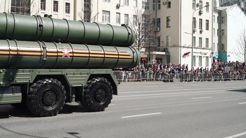 MOSCOW, RUSSIA - May 9, 2022: S-400 triumph anti-aircraft missile system of long and medium range after the parade in honor of Victory Day along Novy Arbat in Moscow from the parade dedicated to the