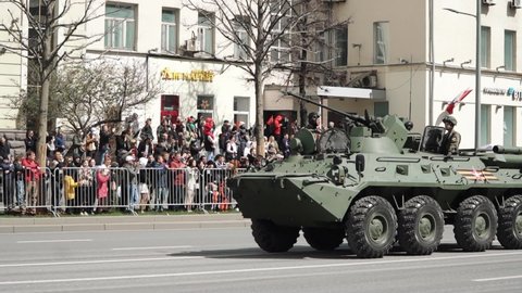 MOSCOW, RUSSIA - May 9, 2022: Russian armored personnel carrier BTR-82, which is a deep modernization of the BTR-80 after the parade in honor of Victory Day along Novy Arbat in Moscow from the parade