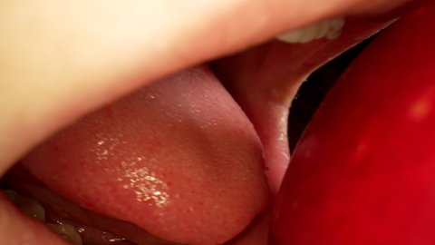 Extreme close up macro shot of a person eating an apple. Inside the mouth. Natural mouth with white teeth. Slow motion