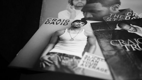 Rome, September 14, 2019: CDs and artwork of CRAIG DAVID. Musician of the British R and B scene, at just 18 he came to the fore, boasting 13 million records sold and sold out in his concerts