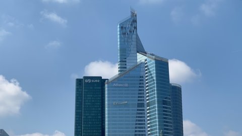 Paris, France - May 2022 : Tour First, the tallest tower of France and skyscrapers of La Defense business district in Paris