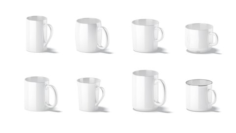 Blank white ceramic mug mockup set, looped rotation, side view, 3d rendering. Empty turning stacking, barrel, cylindrical, dinera, flared, c-handle, enamel cup, isolated on white background.