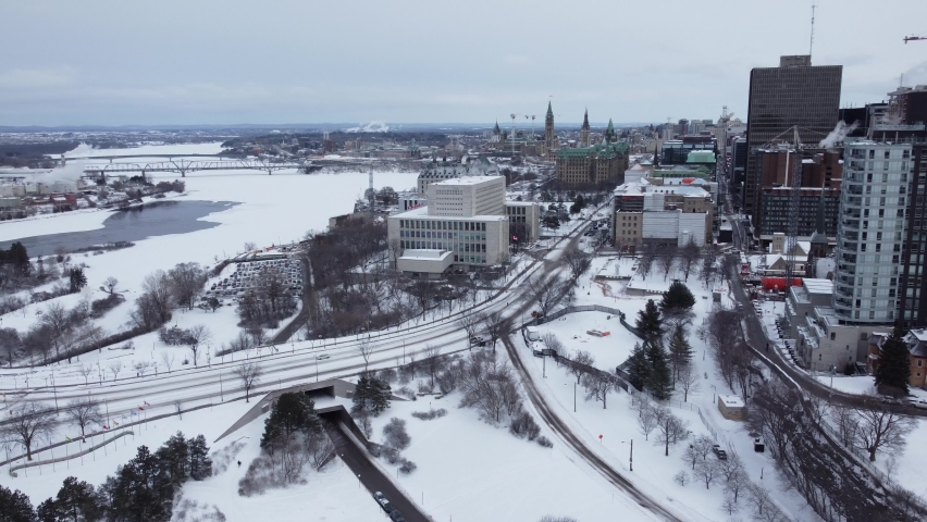 Aerial drone view of Ottawa in winter with snow, Ontario, Canada