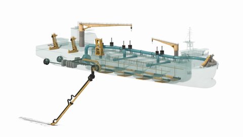 Dredger schematic with the location of internal and external pipes and  objects. The rotation of the scheme. 3d-rendering