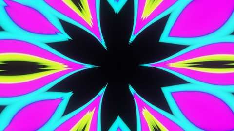 Neon animation of an abstract flying multi-colored flashing flower.