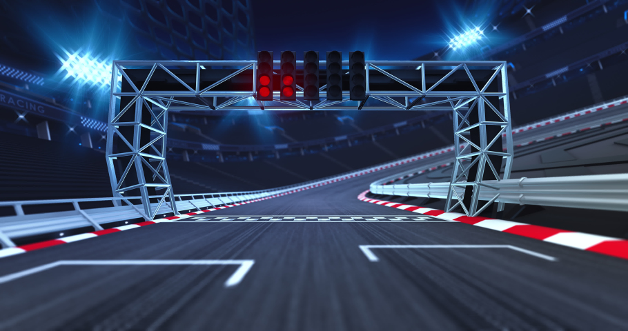Starting race from pole position on illuminated racing circuit and dawn sky on background. Professional automotive and sports 4K video in seamless loop. | Shutterstock HD Video #1090559751