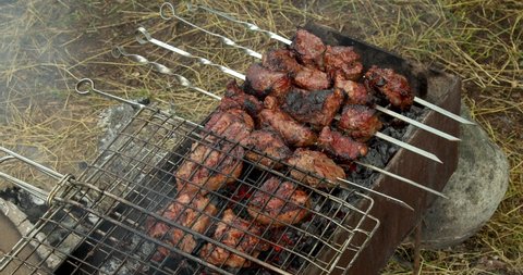 Beef meat on steel skewers grilling on brazier with flaming charcoal. Outdoor barbecue party