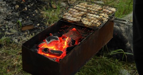 Raw chicken wings in metal grate grilling on a brazier with flaming charcoal. Outdoor barbecue party