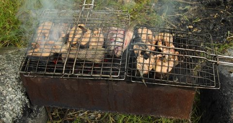 Cut fish in metal grate grilling on a brazier with flaming charcoal. Outdoor barbecue party