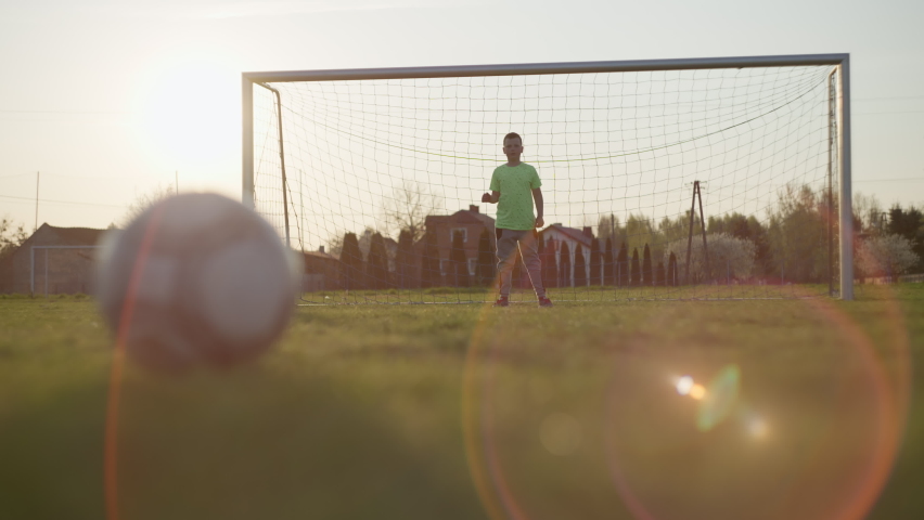 Dad with a son playing football on the grass. The man scores a goal in the goalkeeper
