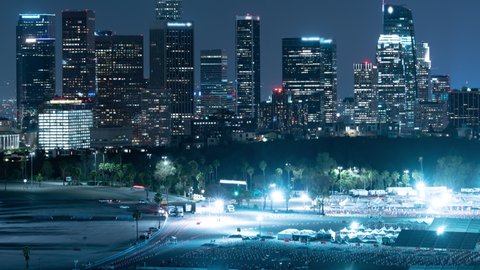 Los Angeles Covid Vaccination Site Dodger Stadium from Elysian Park Night Time Lapse California USA